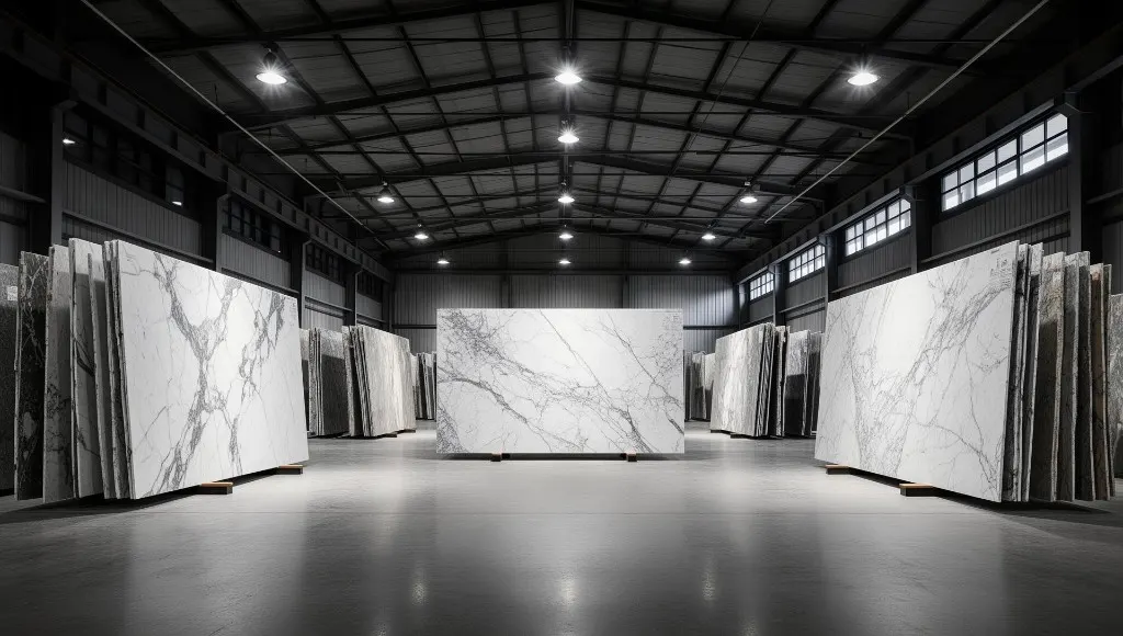 Natural marble slab with fine veining used as a stone inspection reference